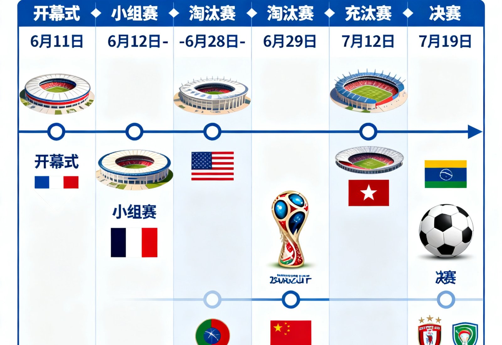 2026年世界杯完整赛程日历可视化展示，时间轴从6月11日延伸至7月19日，关键节点标注了开幕式、小组赛、淘汰赛和决赛日期，每个节点配有对应场馆缩略图和参赛球队国旗图标